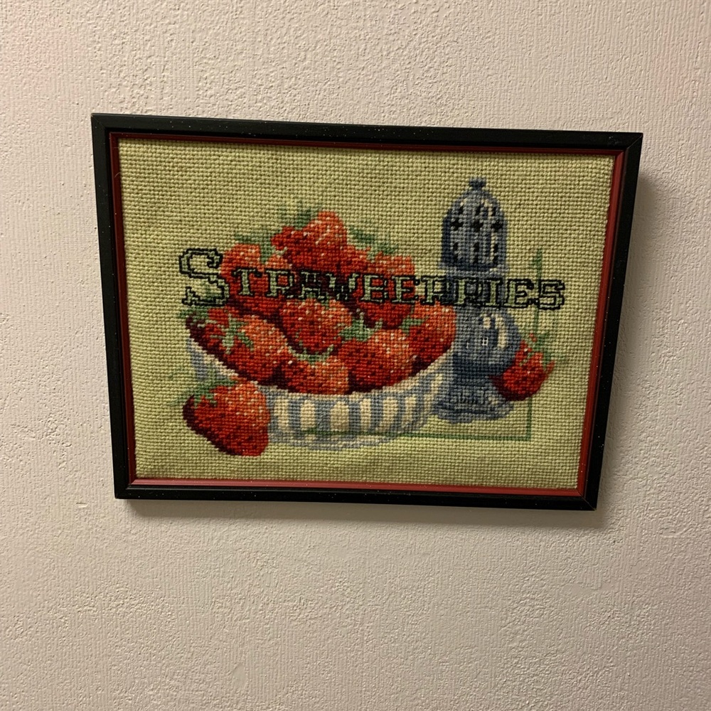 Vintage Needlepoint Strawberries in bowl wall decor
